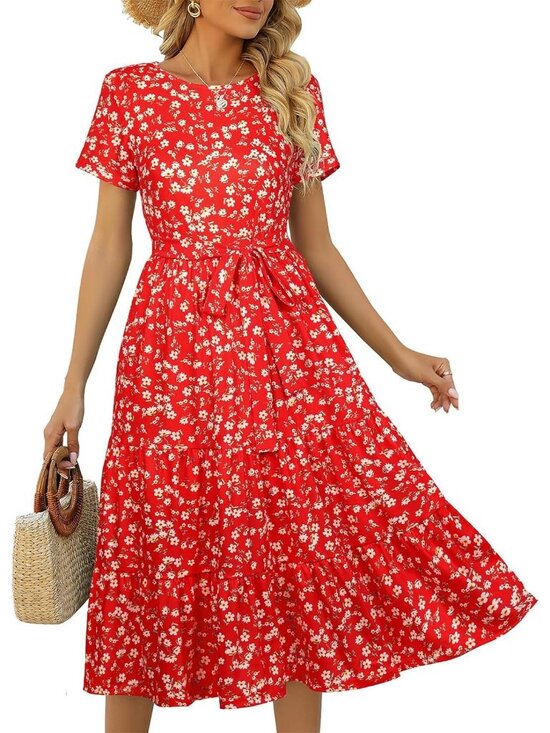 Dresses & Skirts - Women's Red Floral Tiered Short Sleeve Belted Pocket Ruffle Midi Maxi Dress